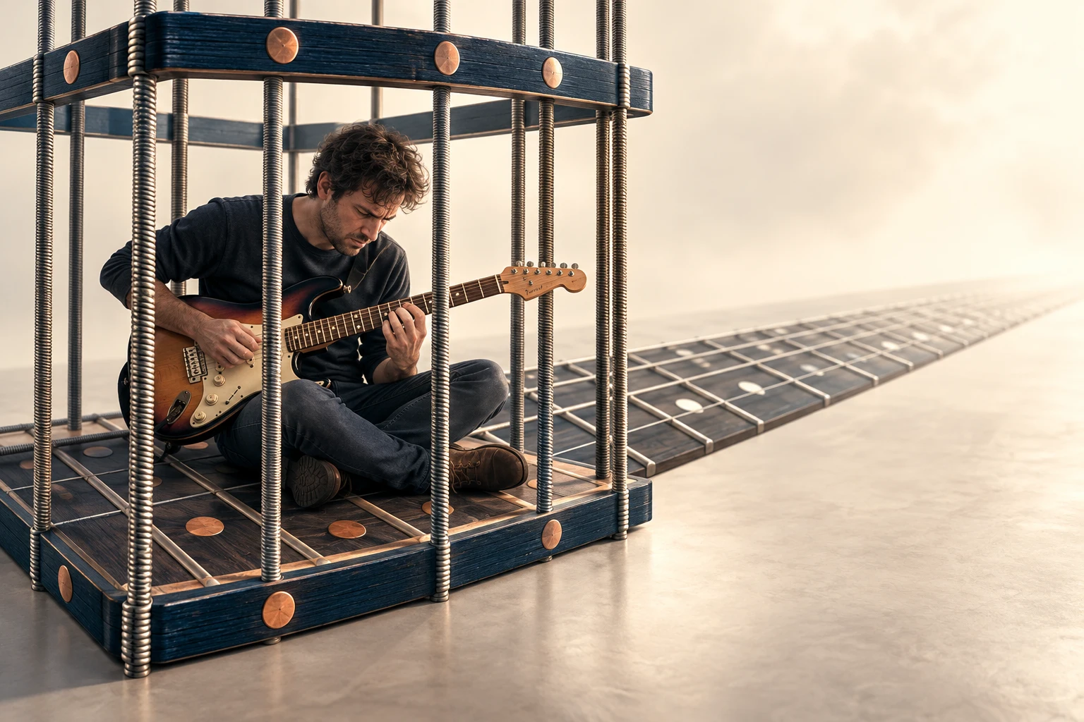 Ilustração conceitual de um guitarrista preso em uma grade formada por um único desenho da pentatônica